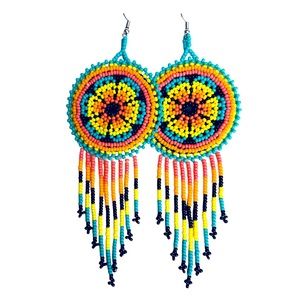Beaded Flower Medallion Long Earrings Huichol Art